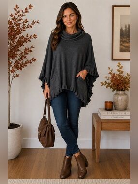 New York & Company Charcoal Cowl Neck Poncho Sweater Ruffle Boho OS